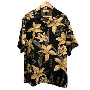 Tommy Bahama Hawaiian Floral Print Silk Camp Shirt, Black Gold, M